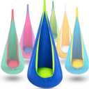 Y- STOP Kids Pod Swing Seat, Hanging Hammock Chair Swing with Inflatable Pillow, Sensory Swing Chair with Pocket for Outdoor and Indoor (Blue and Green)