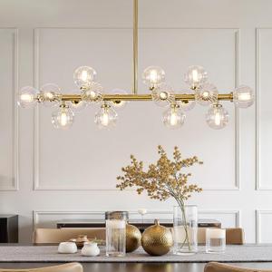 Mid Century Modern Glass Globe Sputnik Chandelier with Clear Bubble, 16-Light Large Linear Chandeliers for Dining Room Kitchen Island Living Room, Gold Dining Light Fixture Over Table, 40 Inch