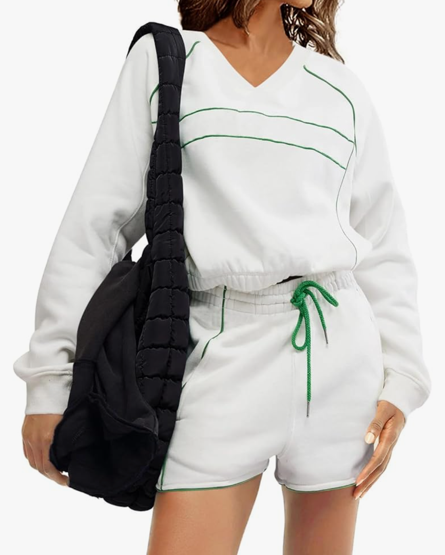 Fisoew Womens Sweatsuits 2 Piece Outfits V Neck Fleece Sweatshirts Contrast High Waisted Shorts Casual Tracksuits Lounge Sets L