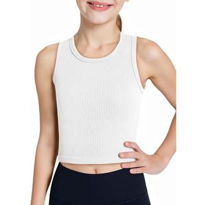 Haloumoning Girls Tank Tops Kids Athletic Ribbed Knit Sleeveless Crop Tops Basic Camisole 5-14 Years (7-8 Years, White)