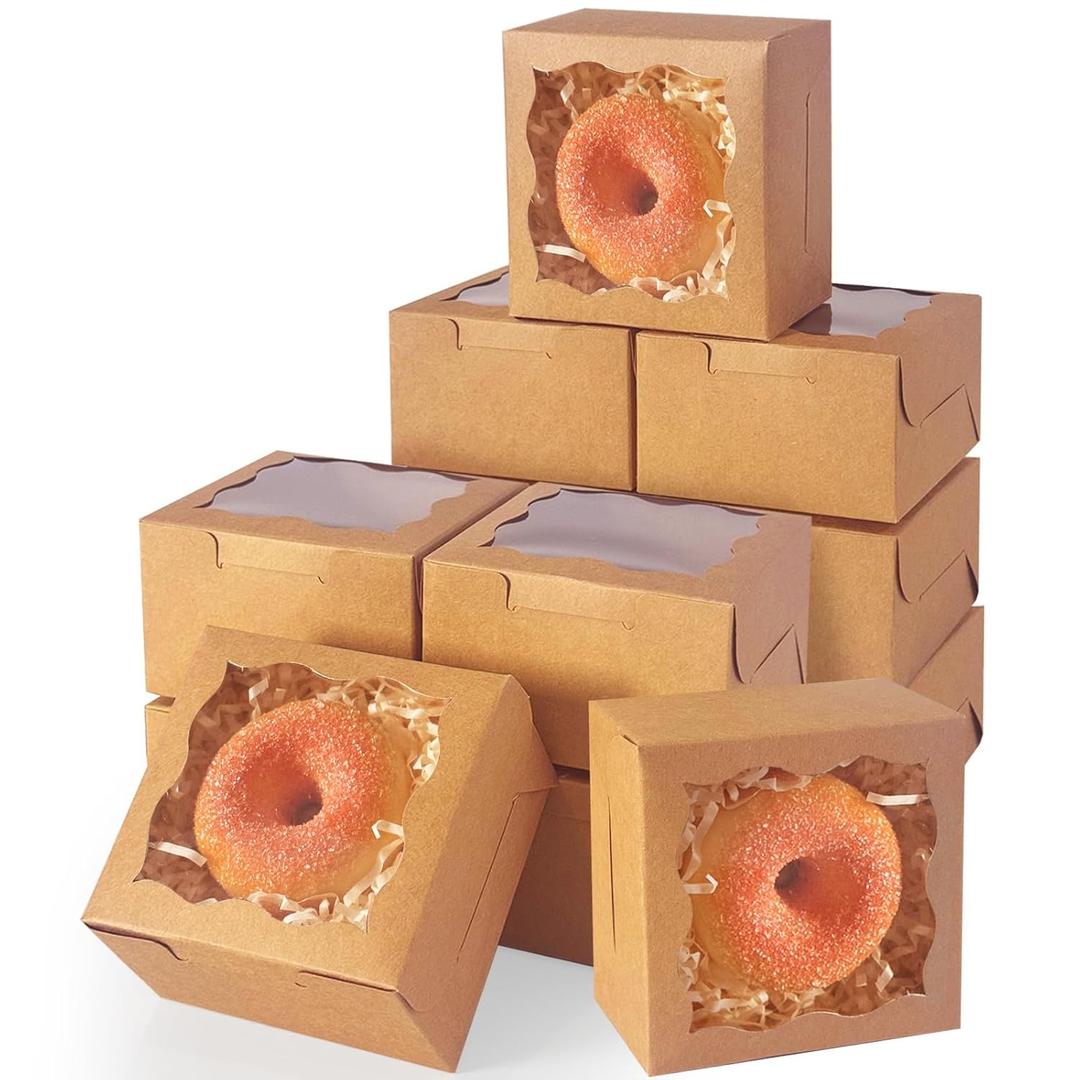 qiqee 200Pcs Brown Bakery Box with Window 4"x4"x2.5" Macaron Boxes Small Donut Pastry Boxes for Party Mini Cookie Boxes