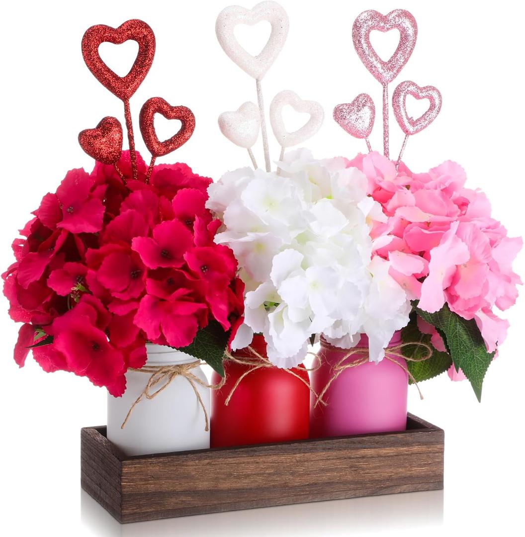 3 Pcs Mothers Day Mason Jar Centerpiece Table Decorations Pink Faux Hydrangea Flowers with Wood Tray for Spring Wedding Rustic Farmhouse Coffee Table Kitchen Decor