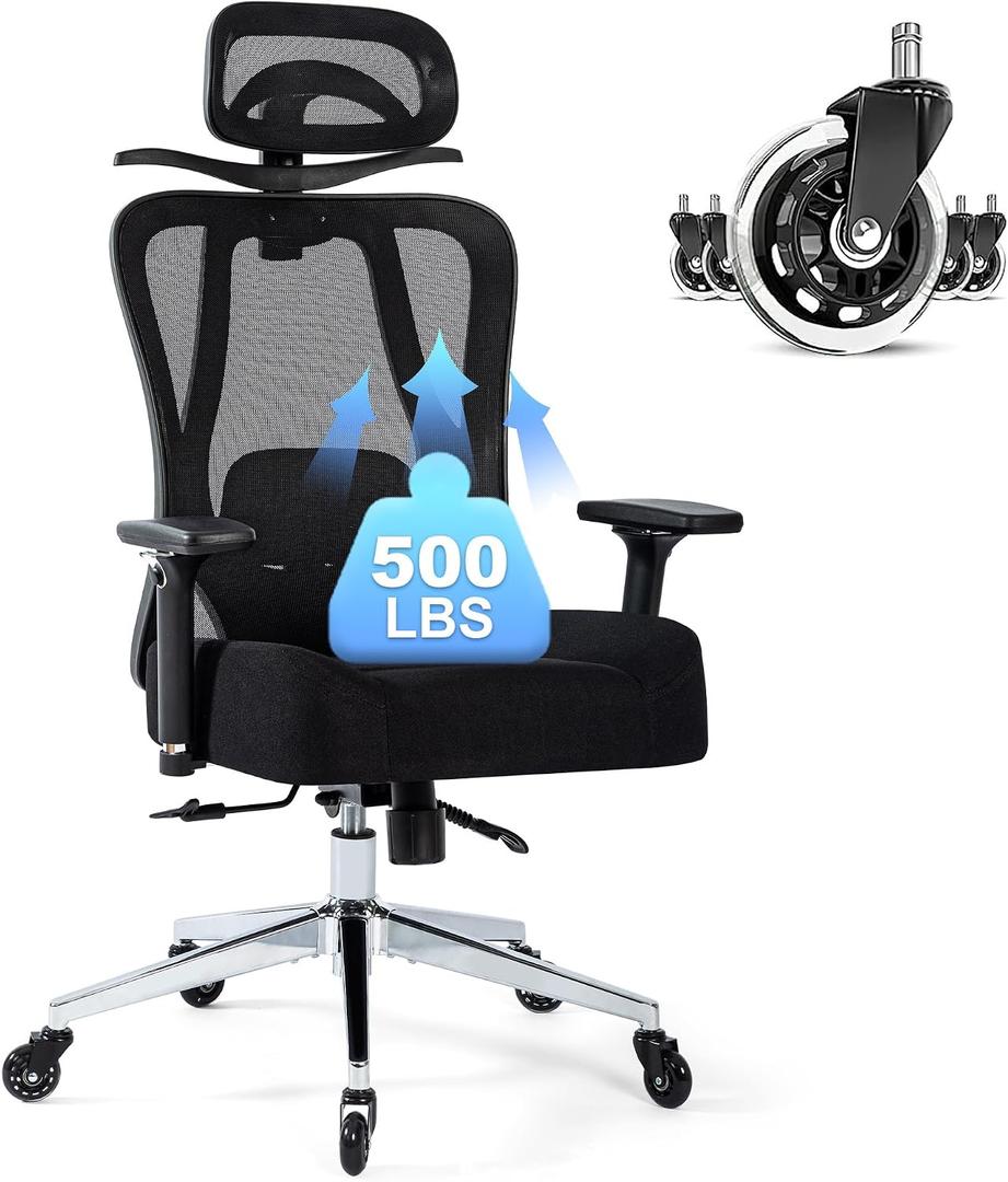 Office Chair 500lbs Ergonomic Mesh Desk Chair for Heavy People, Heavy Duty Office Chair with Wide Thick Seat Cushion, 4D Armrest, Adjustable Headrest & Lumbar Support Computer Chair