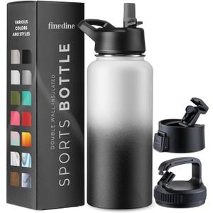 FineDine Triple Walled, Insulated Water Bottles with Straw - 32 Oz Stainless Steel Metal Bottle W/ 3 Leak Proof Lids - For Travel, School, Sports, Gym/Men, Women & Kids - Dreamy Black-White