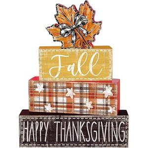 DIYDEC 4Pcs Fall Table Decor Fall Wood Block Signs Maple Leaves Sign Autumn Tiered Tray Decor Thanksgiving Centerpieces Signs for Holiday Tabletop Coffee Fireplace Shelf Desk Party Decoration