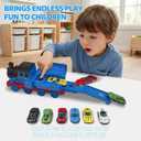 Transforming Engine Train Set for Kids & Toy Car Catapult, Back Folds Out to Secret Garage for Mini Cars, Shoot and Race Fun, Preschool Festival Train Gift Toys for Toddlers 3+ (Blue)