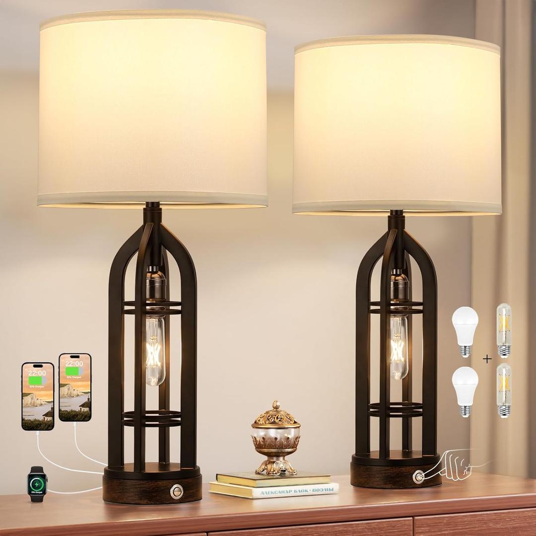 Seealle Table Lamp for Living Room Set of 2 - Bedside Lamp for Bedroom with USB C+A & Outlet, Farmhouse Lamps for Night Stands, 3-Way Dimmable Touch Lamps for Living Room (B. White Shade & Black Body)