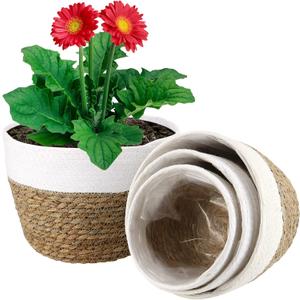 Set of 4 Seagrass Planter Baskets, 6", 7" 9" 10" Hand Woven Plant Basket with Waterproof Plastic Liner, Round Natural Flower Pot for Indoor Outdoor Modern Home Decoration, Brown