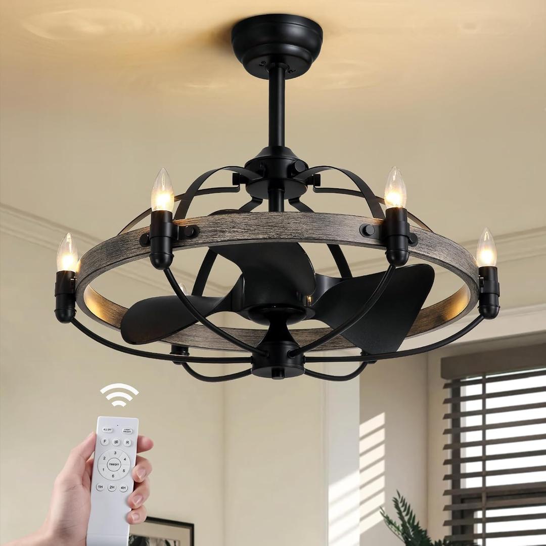 27'' Farmhouse Cage Ceiling Fan with Light Remote Control, Ash Brown Rustic Ceiling Fan with Lights,Vintage Chandelier Fan for Kitchen Dining Room Living Room