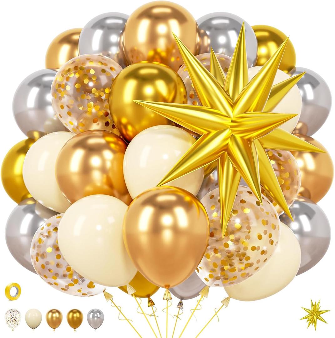 2 x 52pcs Gold White Silver Graduation Themed Balloons - Class Of 2026 Decor Kit With Confetti Starburst Balloons For Grad, Wedding, New Year Backdrop,Engagement Party Arch Decoration
