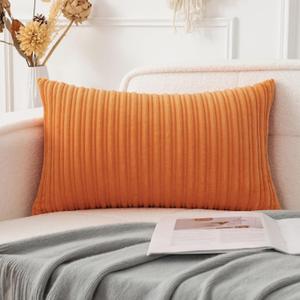 UGASA Fall Decorative Soft Velvet Stripe Lumbar Pillow Cover 1 Pack Solid Corduroy Textured Euro Oblong Cushion Case for Couch Bedroom Sofa Farmhouse, 12x20 Inch, Orange