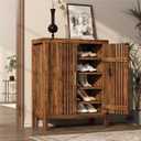 UNIQUITE Wooden Shoes Cabinet with Adjustable Shelves, Retro Freestanding Shoe Organizer Cabinet for Entryway Hallway Living Room, 5-Tier Shoe Cabinet with Doors for 20 Pairs, Dark Walnut