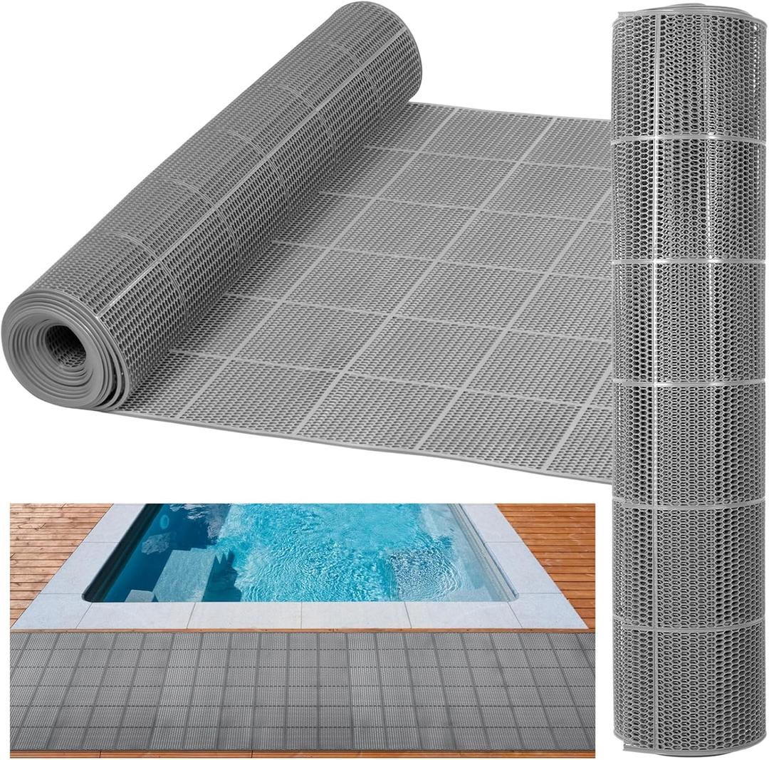 3 x 10FT Drainage Pool Flooring Mats Non Slip Swimming Pool Mat PVC Splash Matting Mesh Hollow Doormat Roll for Outdoor Indoor Garage Restaurant Sauna SPA Heavy Duty Commercial Anti Slip Floor Mats (35.4" x 118" (Rectangular), Grey)