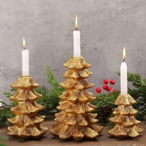 Sliner 2 Pcs Christmas Gold Pine Tree Candle Holders Vintage Taper Decorative Candlestick 8.7" 6.5" 4.5" Height Fits 0.8" Candle for Christmas Holiday Candles Stand Table Centerpiece Dining Decor