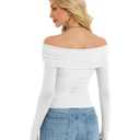 OULESIS Off The Shoulder Mesh Tops for Women 2025 Fall Long Sleeve Shirts Bodycon Y2k Blouses Ruched Tendy Going Out Outfits White (White, M)