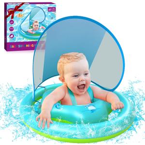 ZIZZ Baby Pool Float with Canopy - 2025 New Inflatable Baby Swim Float with UPF50+Sun Protection, Baby Infant Pool Float with Toy Play Console Adjustable Seat for Toddler Kids Aged 6-36 Months (Green)