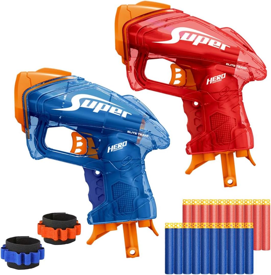 2 Pack Mini Blaster Guns Set for Nerf, Small Toys Pistol for Kids Toddlers Boys Age 3-5 5-7 8-12 Year Olds Birthday Gifts - 20 Refill Foam Darts 2 Wristbands