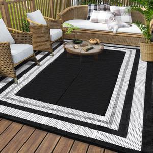 Outdoor Rug 9x18 Waterproof Reversible Outdoor Plastic Straw Rugs RV Mat Modern Border Indoor Outdoor Carpet for Patio Camping Balcony Deck Backyard Porch, Black and White