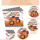 96 Pcs Monster Theme Truck 3rd Birthday Party Supplies Monster Theme Truck Plates and Napkins Checkered Tableware Set Monster Birthday Decorations for 3rd Kids Boys Monster Theme Truck Party Serves 24