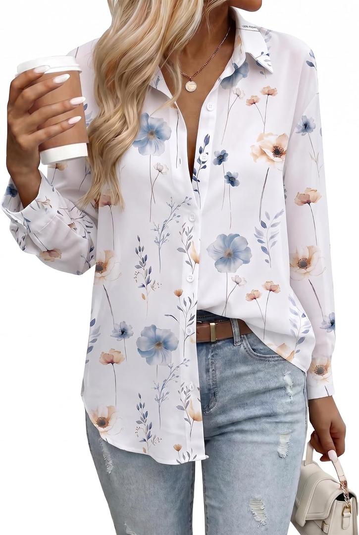 Zeagoo Button Down Shirts for Women Dressy Casual Floral Printed Collared Chiffon Blouse Long Sleeve Business Work Tops (White)