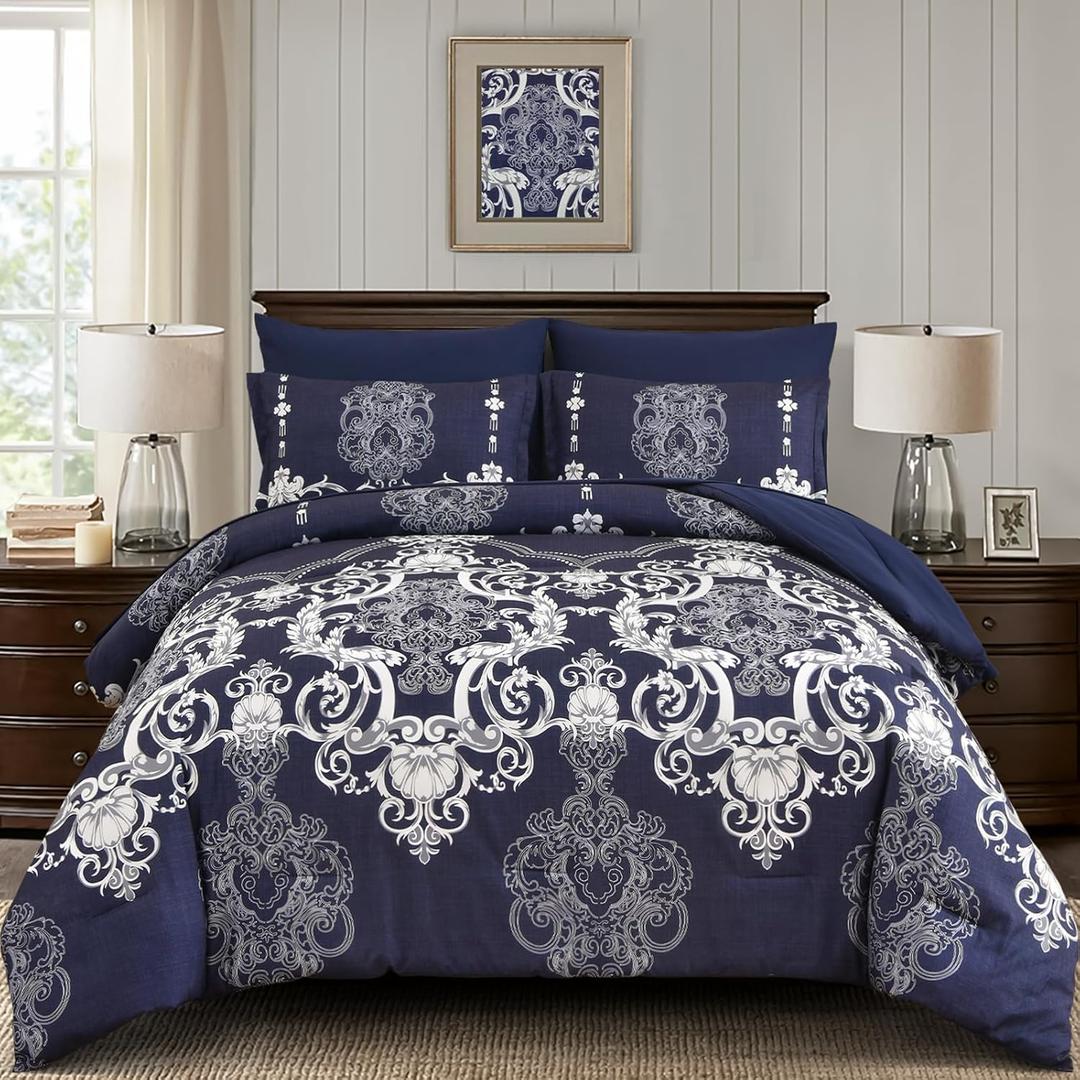 Mybedsoul 7 Pieces Navy Blue Comforter Set King Size, Damask Bed in a Bag for King Bed, Lightweight Microfiber Boho Bedding Sets with Comforter, Sheet, Pillowcases & Shams for All Season(90"x104")