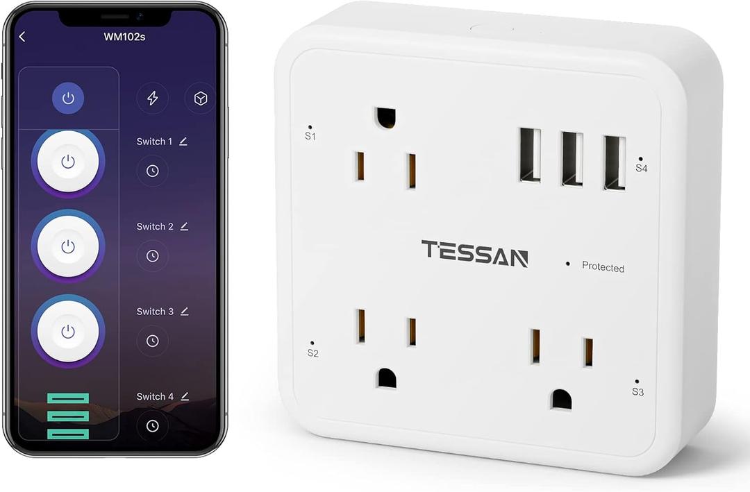Smart Plug Outlet Extender Compatible with Alexa Google Home, TESSAN WiFi Multi Plug with 3 Smart Outlets 3 USB Ports, Wall Surge Protector Power Strip 900J for Indoor, Voice and Smartlife Control (White-Grey)