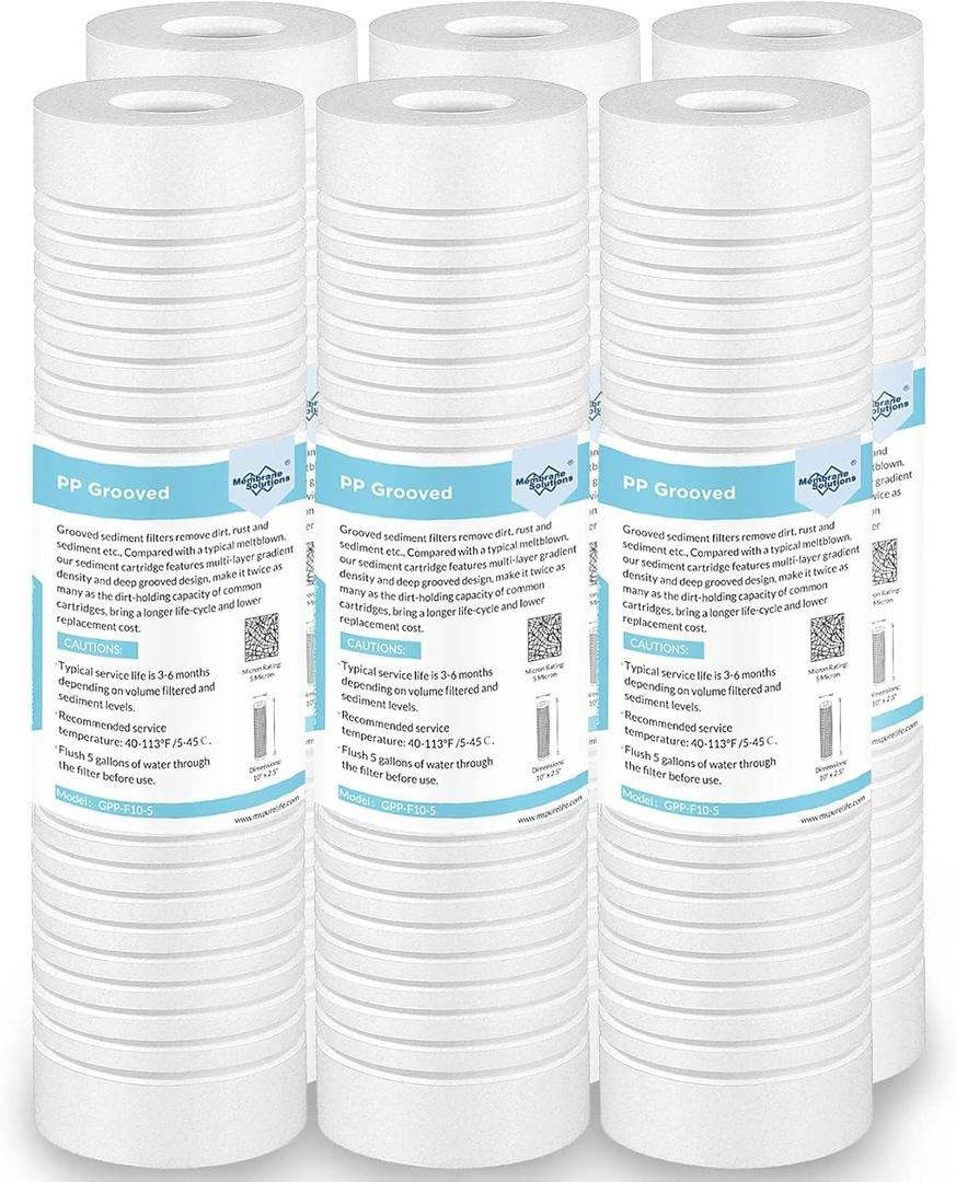 Membrane Solutions Grooved Sediment Water Filter Cartridge (Pack of 6), 0.5 Micron Whole House Water Filter Universal Replacement 10"x2.5" for 10" RO Unit, Whole House Under-Sink Filtration System