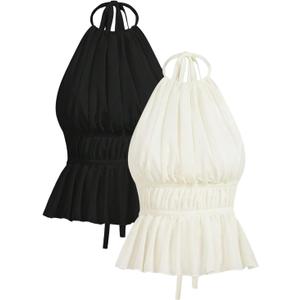 Milumia Women's 2 Piece Tank Tops Pleated Tie Backless Sleeveless Ruffle Hem Halter Top (Black and White)