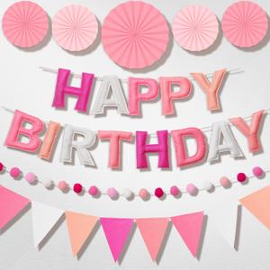Pre-Strung Happy Birthday Banner, Reusable Felt Birthday Party Decorations, 3D Effect Happy Birthday Sign with Felt Ball Garland, Pennant Flag, Hanging Paper Fans for Men Women Boy Girls (Pink)
