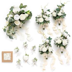 Ling's Moment Wedding Artificial Flowers Package, Bridal Bouquet, Bridesmaid Bouquets, Boutonniere for Men, Rose Petals, White Sage