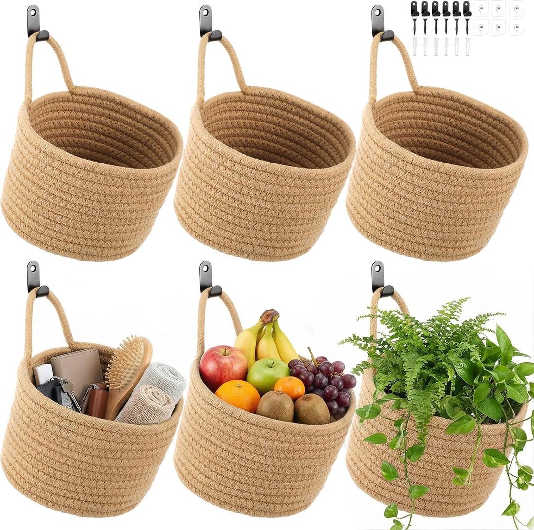 6 PCS Wall Hanging Basket Set Handwoven Cotton Rope Hanging Fruit Basket Organizer with Hooks Boho Decorative Storage Bins for Home Kitchen Office Door Wall