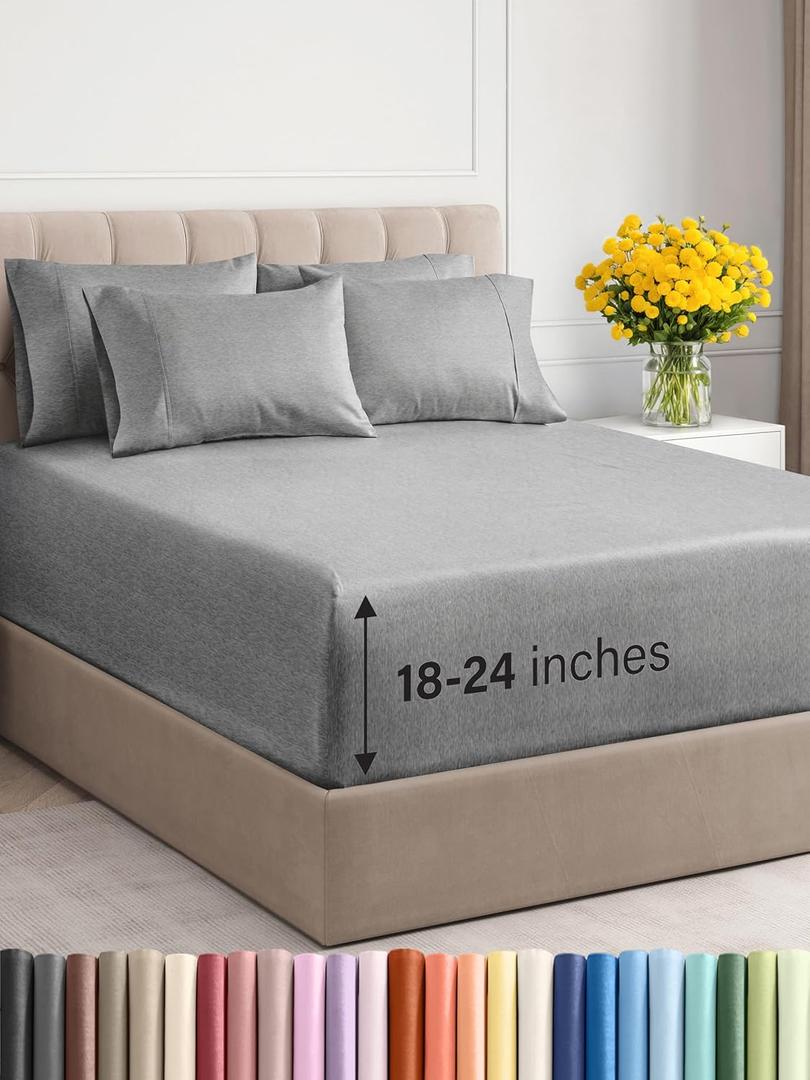 Extra Deep King Sheet Set - 6 Piece Breathable and Cooling Sheets - Hotel Luxury Bed Sheets Set - Easy Fit - Soft, Wrinkle Free and Comfy Sheets Set - Heathered Grey Sheet Set with Extra Deep Pockets