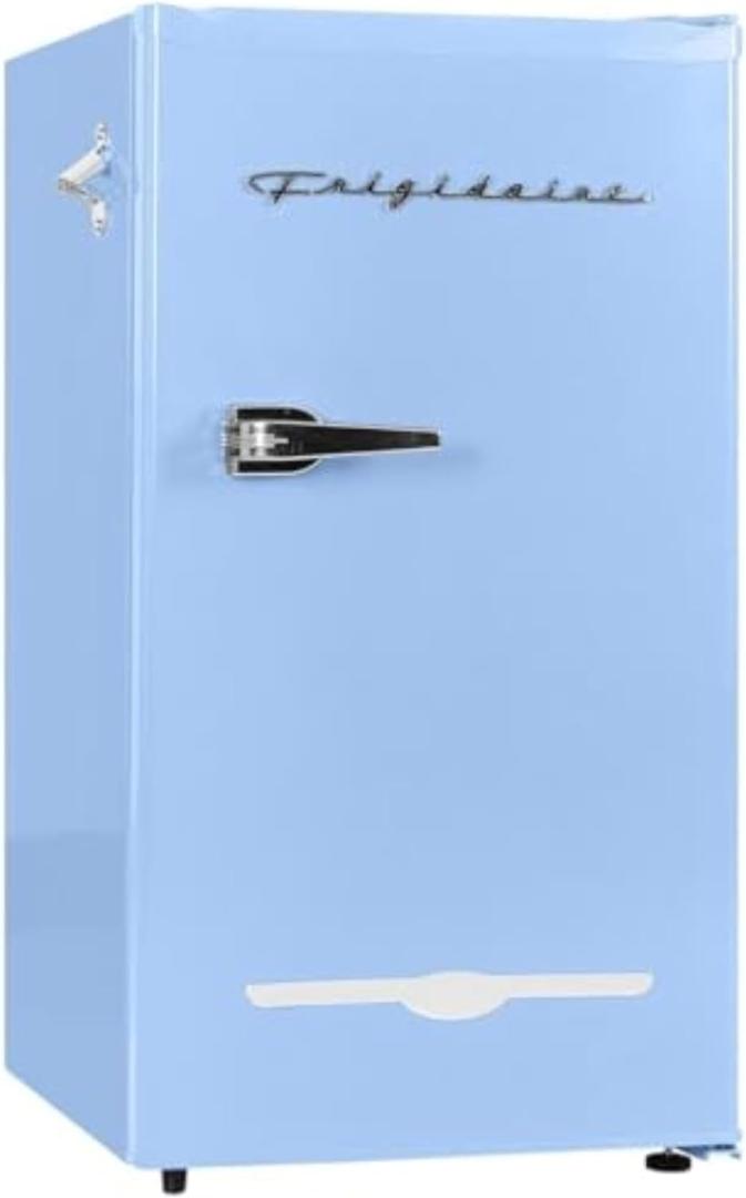 Frigidaire Retro Compact Fridge with Chiller, 3.2 cu ft Countertop Fridge with Built-In Bottle Opener, Compact Refrigerator for Office, Bedroom, Dorm Room or Cabin - 16.5" D x 19" W x 31" H (Blue)