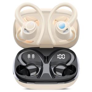 Wireless Earbuds, Bluetooth 5.4 Headphones Sport, Over Ear Buds With ENC Noise Cancelling Mic,48H,Wireless Earphone With Earhooks, Stereo Deep Bass,IP7 Waterproof ear bud for Workout Running,Off White