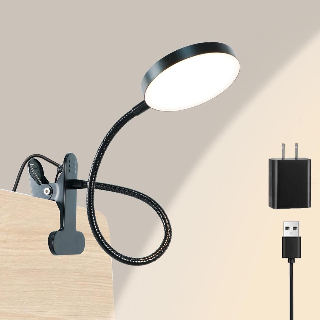 Desk Lamp, 8W 66 LED Reading Light for Bed, Eye Caring Metal Clip Lamp, 5 Color 10 Brightness Levels, Memory Function, Flexible Gooseneck, USB Powered, Includes 5V/2A UL Adapter (Black)