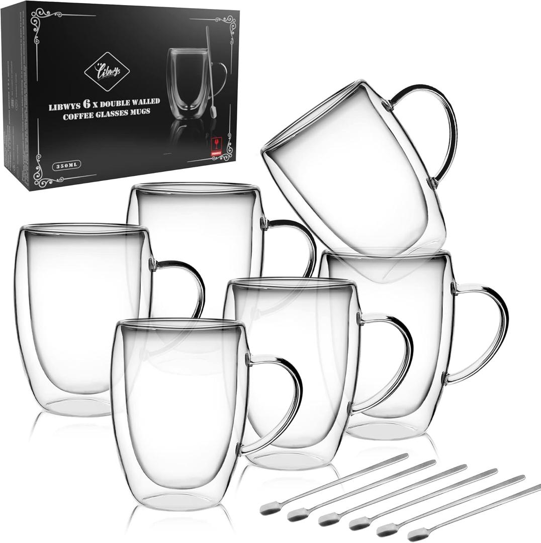 LIBWYS 6 Pack Double Walled Coffee Cups Glasses Mugs, 12oz Espresso Cappuccino Latte Tea Cups with Handle, Heat Resistant Borosilicate Clear Glasses 350ml