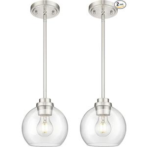 Audickic Pendant Lights Kitchen Island 2 Pack, 7" Modern Brushed Nickel Hanging Lights Fixtures with Clear Glass Globe Shade, Kitchen Island Lighting for Bathroom, AD222801P2SNC