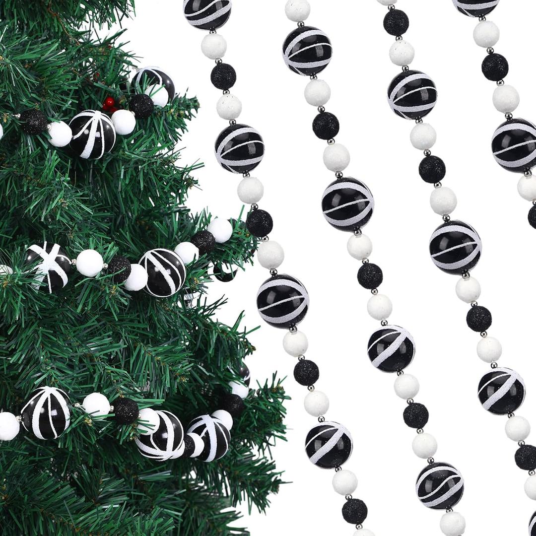 6.56 ft Black and White Christmas Ball Garland Peppermint Candy Christmas Tree Garland Shatterproof Glitter Beaded Vintage Hanging Decoration for Xmas Fireplace Mantel Holiday Party Decor