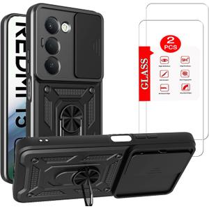 for Xiaomi Redmi 15 Case with [2 Pack] Tempered Glass Screen Protector, for Redmi 15 4G / 5G Case [Military-Grade] Protective，with Lens Protects Magnetic Kickstand Mount Holder Black