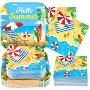 Grencian 200Pcs Beach Party Supplies Hello Summer Party Plates and Napkins Disposable Summer Pool Paper Tableware Set for Hawaiian Beach Pool Birthday Baby Shower Decorations, Serves 50