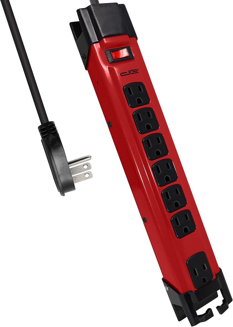 Digital Energy 15-FT 7 Outlet Metal Surge Protector Power Strip 14 AWG Extension Cord, 1350 Joules, Heavy Duty Workshop Mountable Built in Cord Management, Red