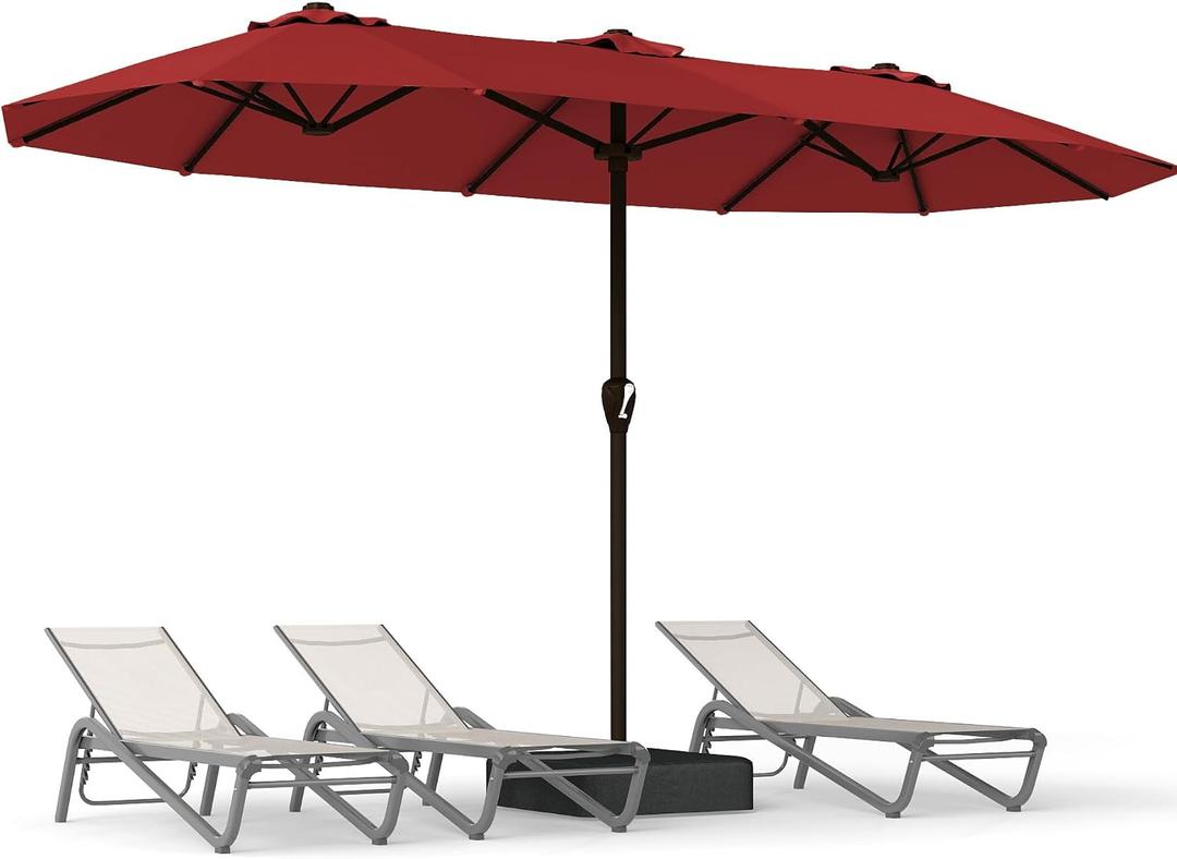15FT Large Patio Umbrella with Base, Double Sided Rectangular Outdoor Umbrella with Sturdy Fiberglass Ribs, UPF 50+ Sun Protection, Wind-Resistant, Waterproof Fade-Resistant Fabric for Pool, Garden, Backyard, Deck(Red)
