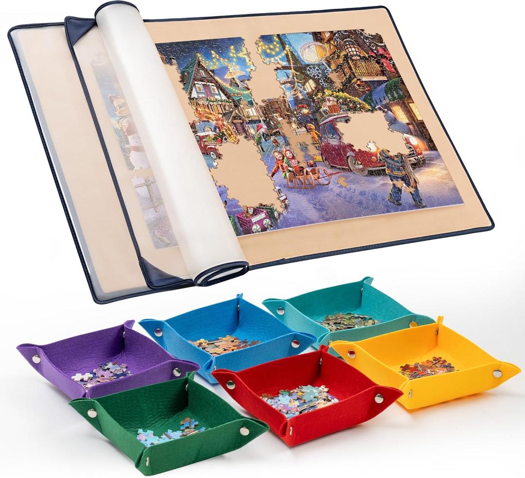 Tektalk Jigsaw Puzzle Board with 6 Color Sorting Trays Portable Puzzle Mat with Dustproof Cover for Puzzle Storage Saver, Non-Slip Surface, Up to 1500 Pieces - Khaki