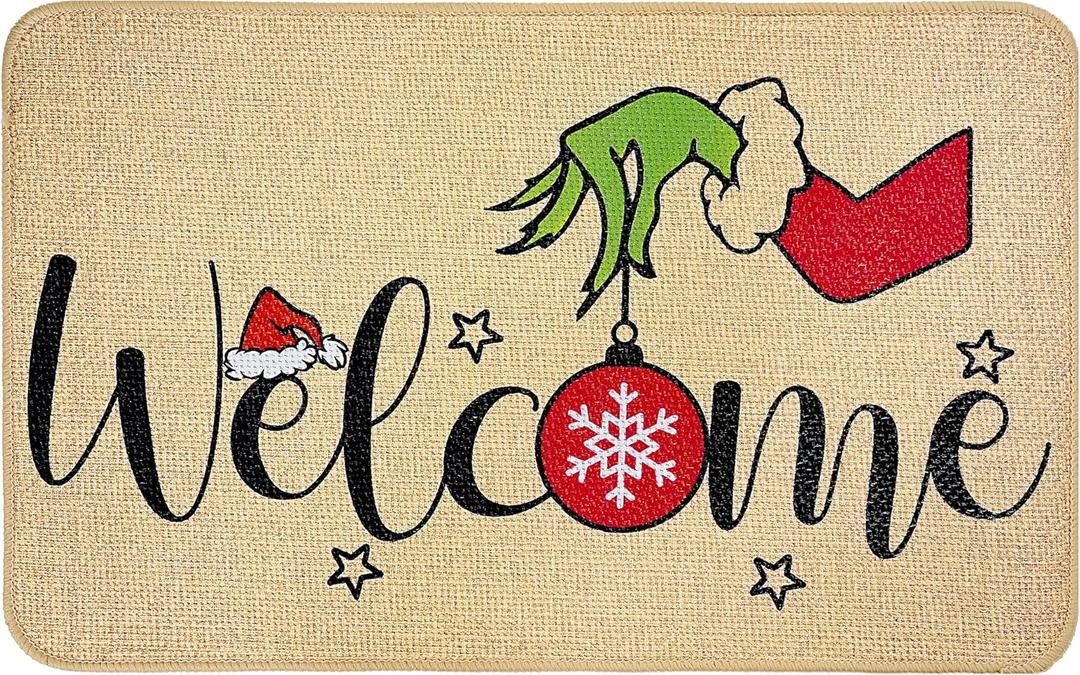 Christmas Door Mat Welcome Doormat Xmas Front Door Mat Rubber Back Non-Slip and Washable Floor Mat for Outdoor