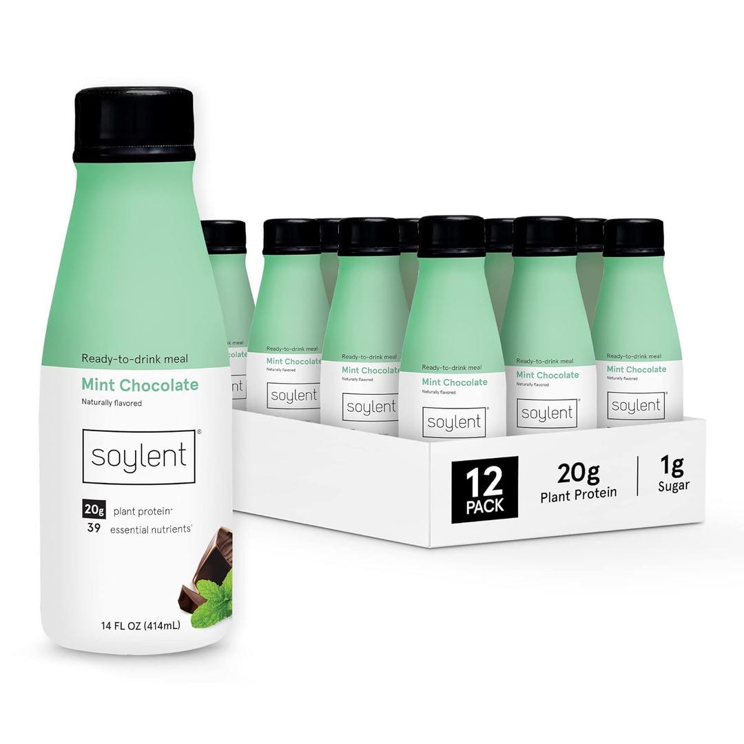 Soylent Mint Chocolate Meal Replacement Shake, Ready-to-Drink Plant Based Protein Drink, Contains 20g Complete Vegan Protein and 1g Sugar, 14oz, 12 Pack, BBD 07/28/2026