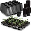 Berd96 Pcs 4 inch Seedling Pots and 8 Pcs 12 Cell Reusable Plastic Nursery Pots Trays Thick Sturdy Seeds Starting Germination Carrying Trays Black Small Planter Nursery Propagation 8 Sets(Black)
