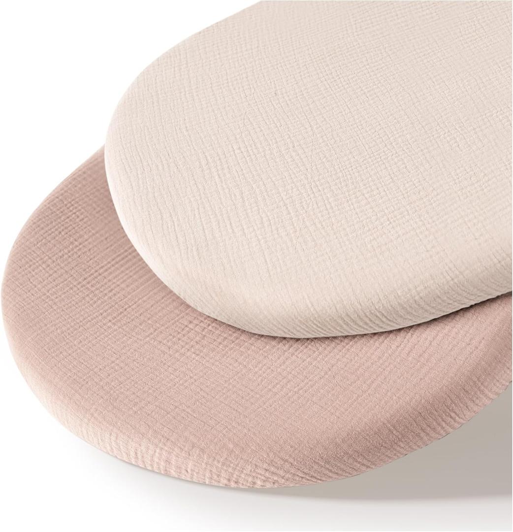 Muslin Bassinet Sheets for Babies  Soft & Breathable 100% Cotton Fitted Sheets for Oval, Rectangle, Hourglass Bassinet Mattress Pads, 2-Pack (Ivory & Pink)