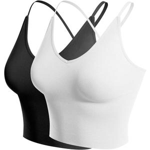 Design by Olivia Women's Casual Seamless Padded Workout Sports Bra Cami Cropped Yoga Tank Top with Adjustable Straps (Large-X-Large, 2pack - Black/White)