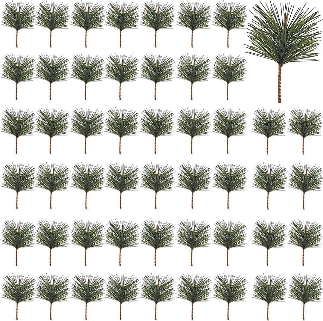 GXXMEI 62PCS Artificial Green Pine Needles Branches Stems Picks Fake Greenery Pine Picks for Christmas Garland Wreath Embellishing and Home Holiday Garden Decoration