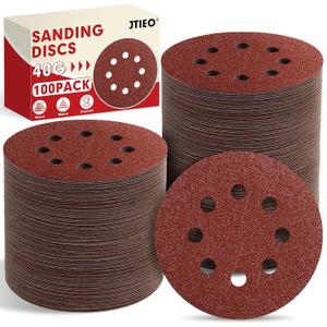 JTIEO 100PCS Sanding Discs 40 Grit, 5 Inch Orbital Sander Pads, Hook & Loop Sandpaper Pads, 8 Hole Round Sanding Discs for Random Orbital Sanders